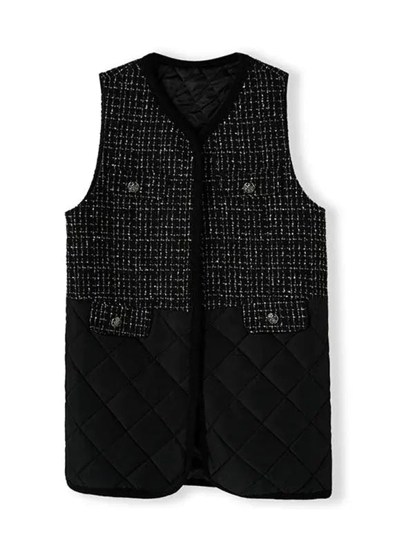 Stylish Black V Neck Patchwork Fleece Waistcoat Sleeveless Ada Fashion