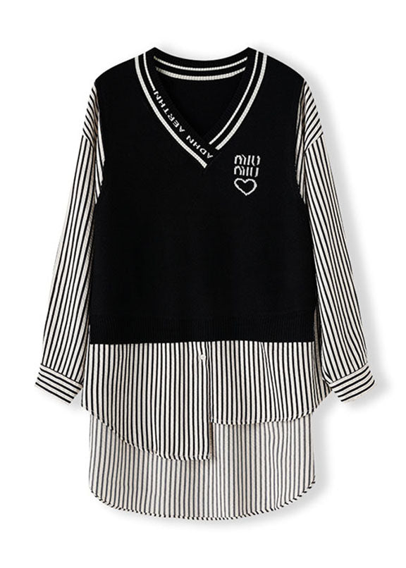 Stylish Black V Neck Striped Knit Patchwork Low High Design Tops Fall Ada Fashion