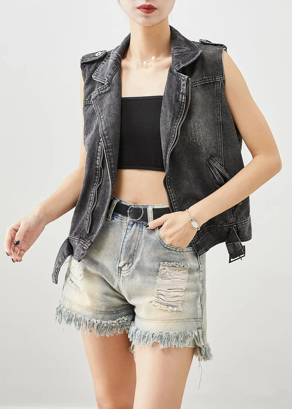 Stylish Black Zip Up Denim Ripped Vest Top Fall Ada Fashion