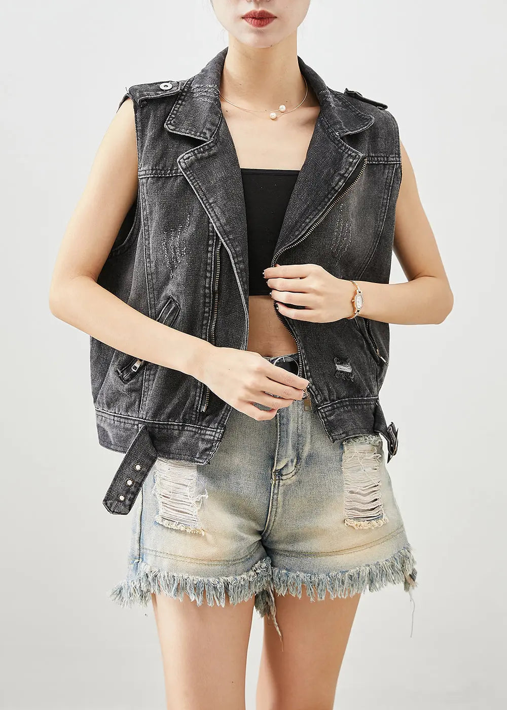 Stylish Black Zip Up Denim Ripped Vest Top Fall Ada Fashion