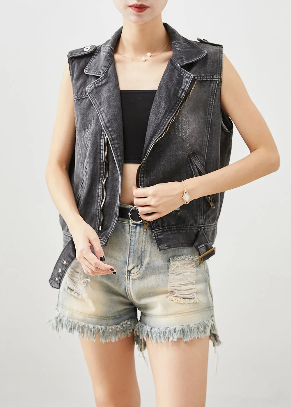 Stylish Black Zip Up Denim Ripped Vest Top Fall Ada Fashion