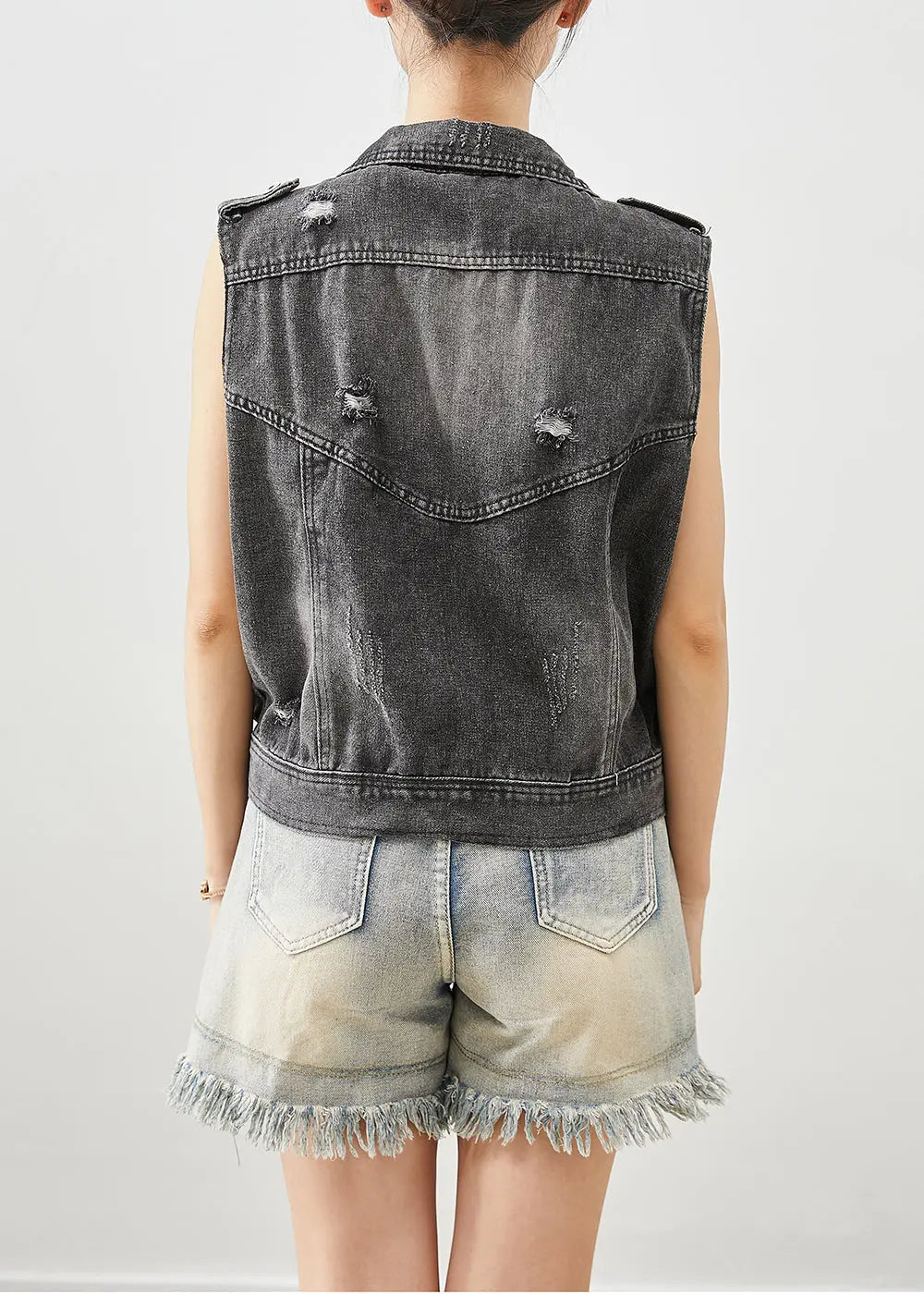 Stylish Black Zip Up Denim Ripped Vest Top Fall Ada Fashion