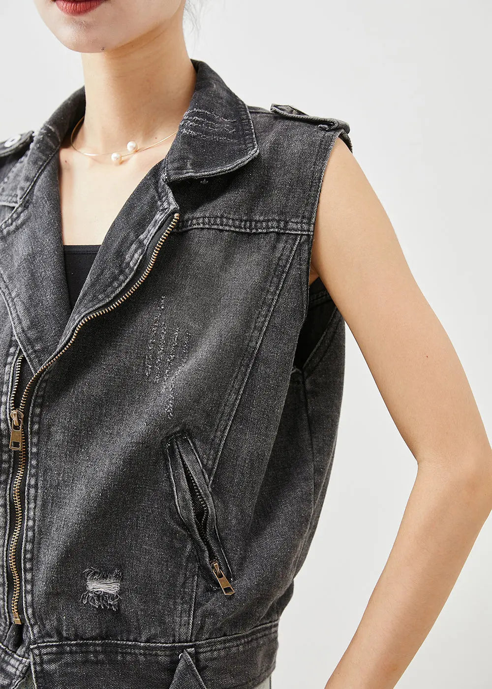 Stylish Black Zip Up Denim Ripped Vest Top Fall Ada Fashion