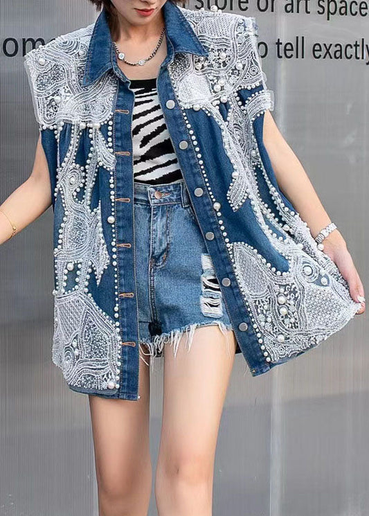 Stylish Blue Embroideried Nail Bead Patchwork Denim Vest Tops Sleeveless LY5225 - fabuloryshop