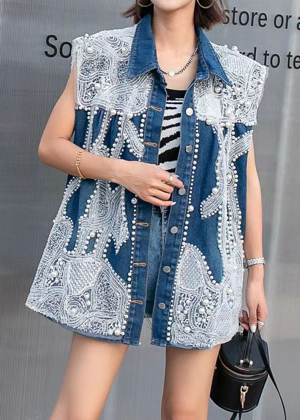 Stylish Blue Embroideried Nail Bead Patchwork Denim Vest Tops Sleeveless LY5225 - fabuloryshop