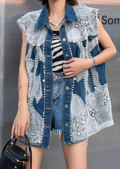 Stylish Blue Embroideried Nail Bead Patchwork Denim Vest Tops Sleeveless LY5225 - fabuloryshop