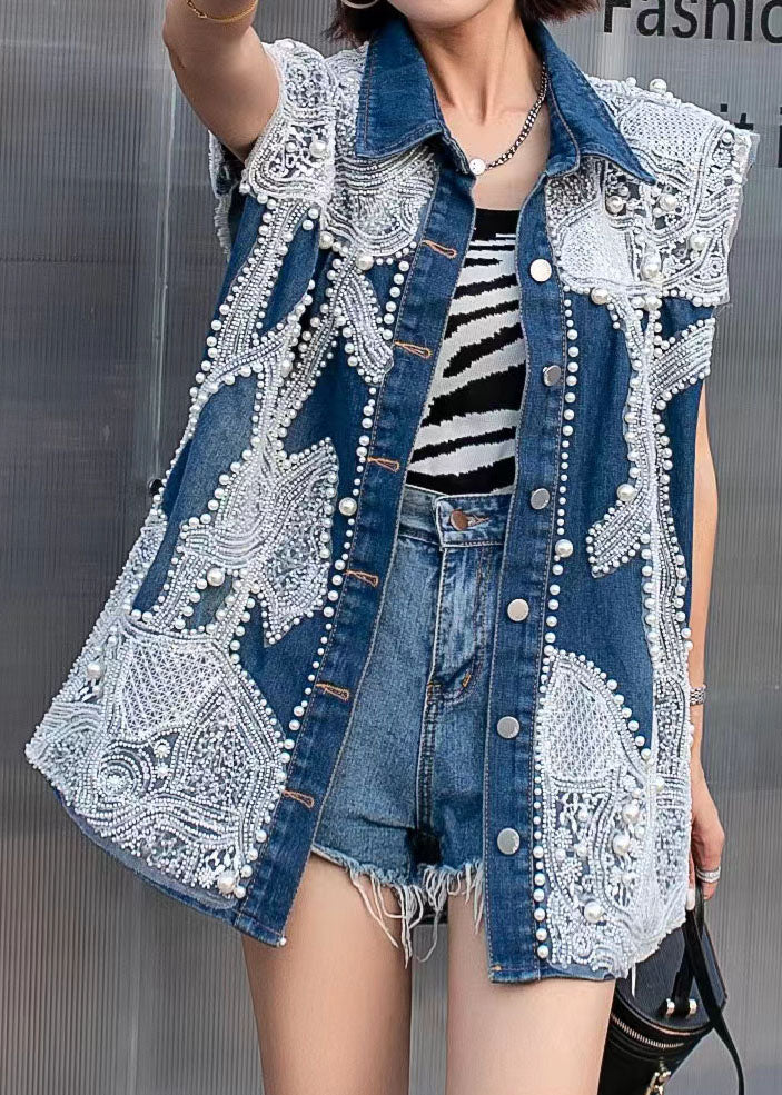 Stylish Blue Embroideried Nail Bead Patchwork Denim Vest Tops Sleeveless LY5225 - fabuloryshop