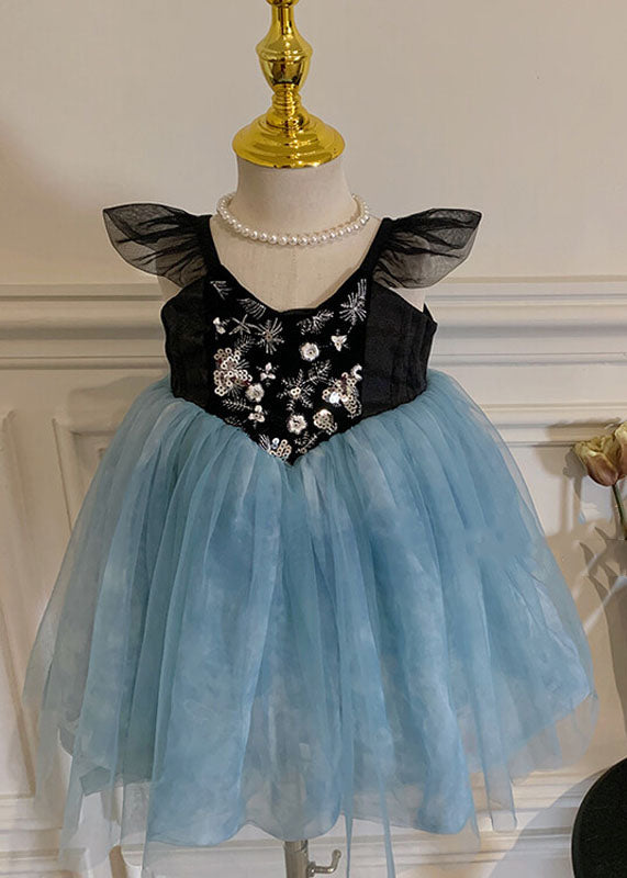 Stylish Blue Embroideried Wrinkled Patchwork Tulle Kids Girls Dress Sleeveless LY6449 - fabuloryshop