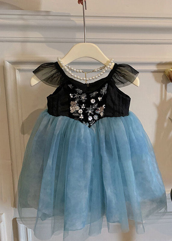 Stylish Blue Embroideried Wrinkled Patchwork Tulle Kids Girls Dress Sleeveless LY6449 - fabuloryshop