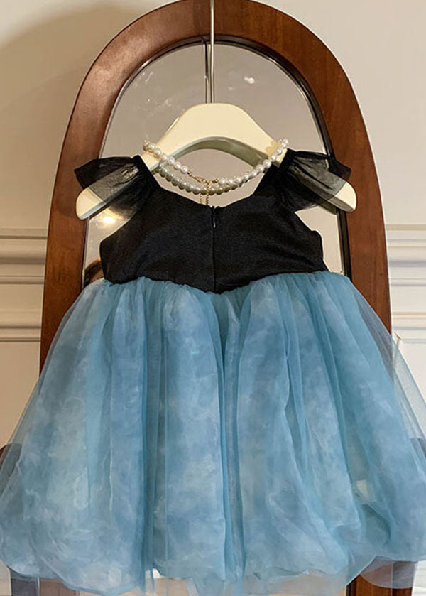 Stylish Blue Embroideried Wrinkled Patchwork Tulle Kids Girls Dress Sleeveless LY6449 - fabuloryshop