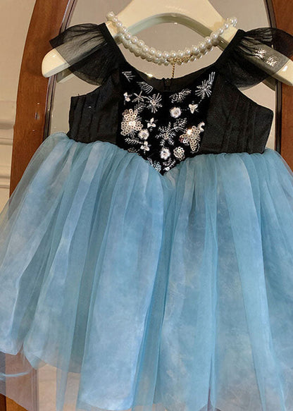 Stylish Blue Embroideried Wrinkled Patchwork Tulle Kids Girls Dress Sleeveless LY6449 - fabuloryshop