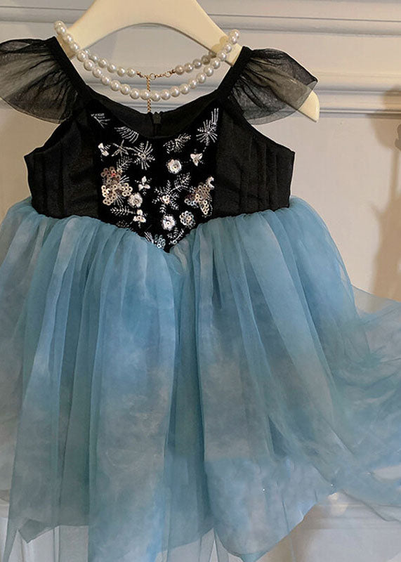 Stylish Blue Embroideried Wrinkled Patchwork Tulle Kids Girls Dress Sleeveless LY6449 - fabuloryshop