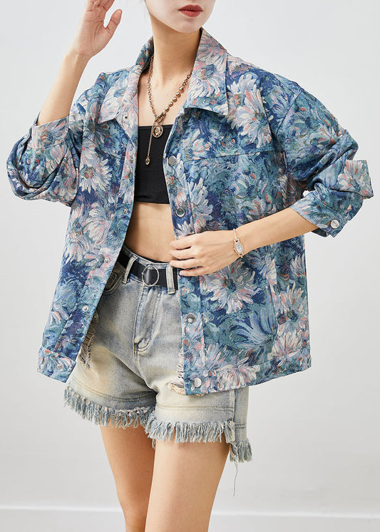 Stylish Blue Floral Painting Cotton Coat Outwear Fall Ada Fashion