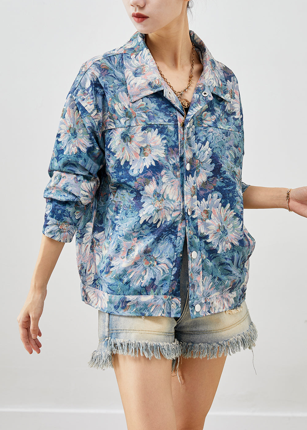 Stylish Blue Floral Painting Cotton Coat Outwear Fall Ada Fashion