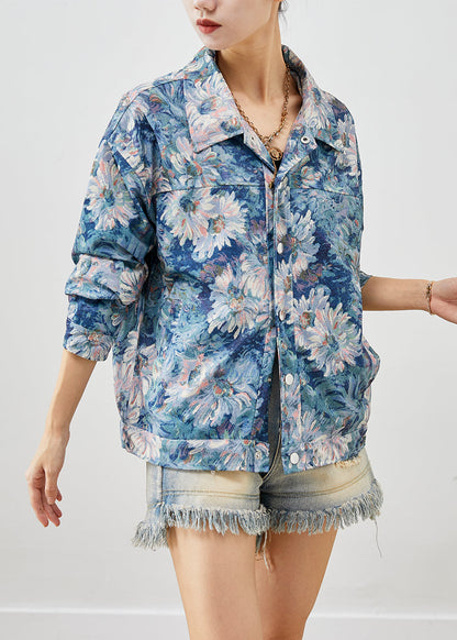 Stylish Blue Floral Painting Cotton Coat Outwear Fall Ada Fashion