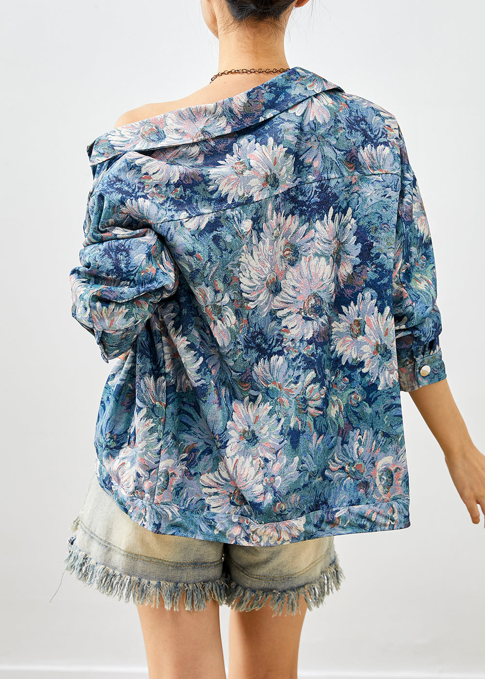 Stylish Blue Floral Painting Cotton Coat Outwear Fall Ada Fashion