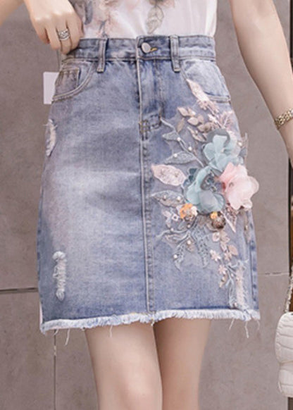 Stylish Blue Floral Patchwork High Waist Nail Bead Denim Skirt TY1073 - fabuloryshop