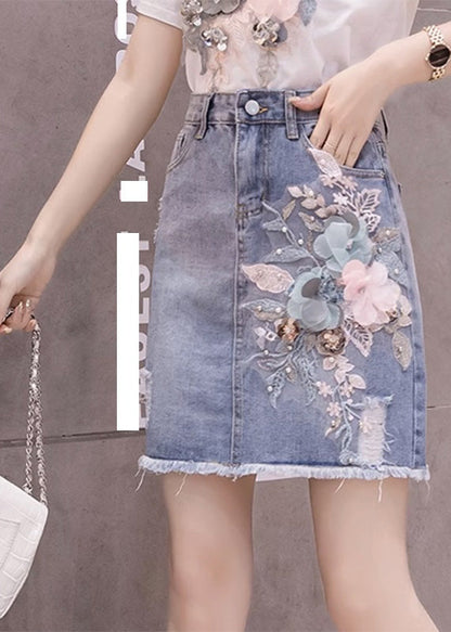 Stylish Blue Floral Patchwork High Waist Nail Bead Denim Skirt TY1073 - fabuloryshop