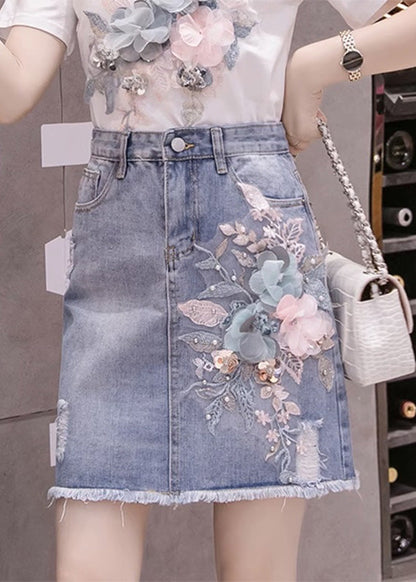 Stylish Blue Floral Patchwork High Waist Nail Bead Denim Skirt TY1073 - fabuloryshop