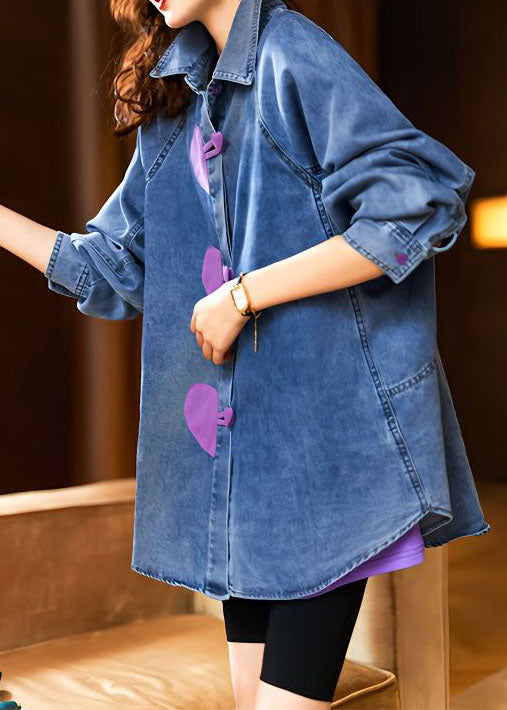 Stylish Blue Heart Button Patchwork Denim Shirts Tops Spring LY3806 - fabuloryshop