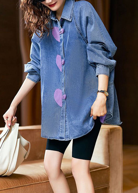 Stylish Blue Heart Button Patchwork Denim Shirts Tops Spring LY3806 - fabuloryshop