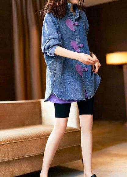 Stylish Blue Heart Button Patchwork Denim Shirts Tops Spring LY3806 - fabuloryshop