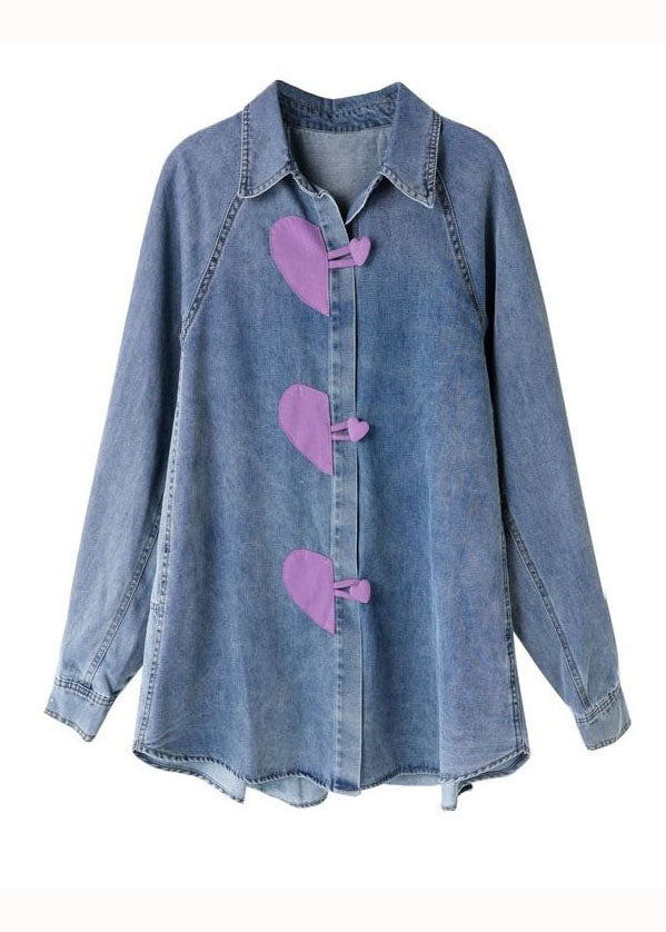 Stylish Blue Heart Button Patchwork Denim Shirts Tops Spring LY3806 - fabuloryshop