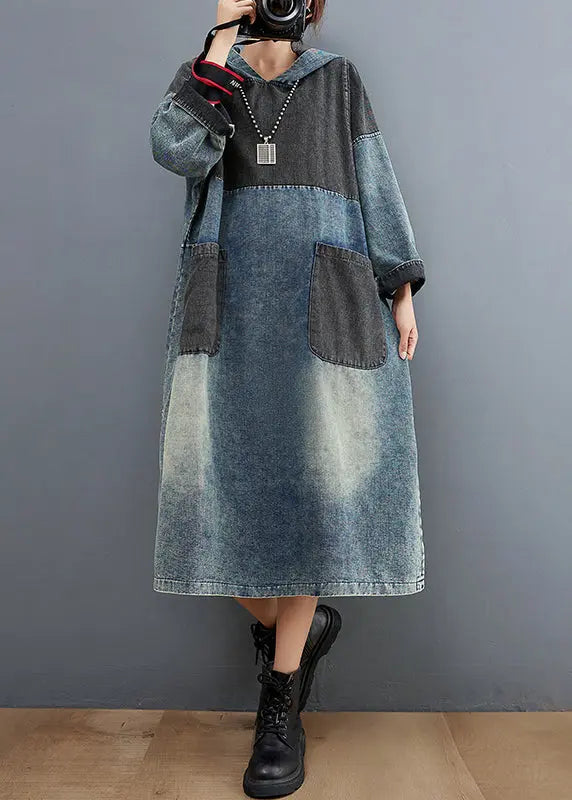 Stylish Blue Hooded Patchwork Pockets Sweatshirt Dress Fall Ada Fashion