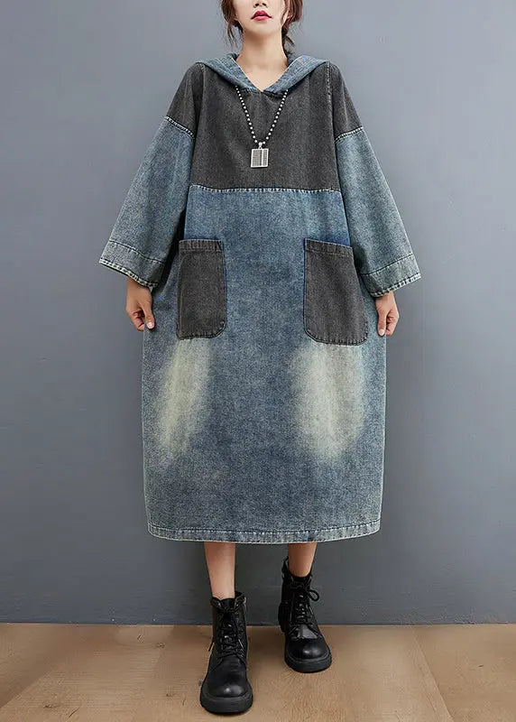 Stylish Blue Hooded Patchwork Pockets Sweatshirt Dress Fall Ada Fashion