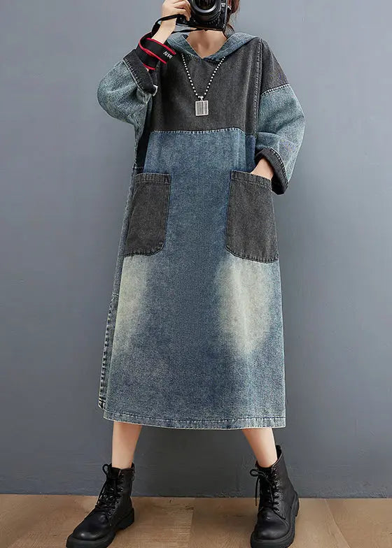 Stylish Blue Hooded Patchwork Pockets Sweatshirt Dress Fall Ada Fashion