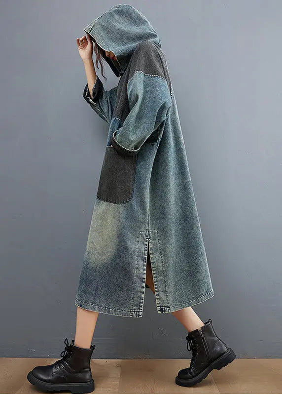 Stylish Blue Hooded Patchwork Pockets Sweatshirt Dress Fall Ada Fashion