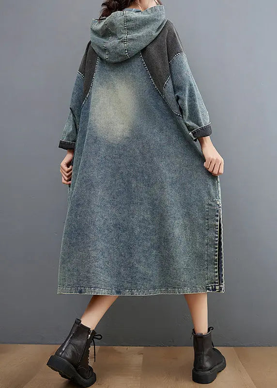 Stylish Blue Hooded Patchwork Pockets Sweatshirt Dress Fall Ada Fashion