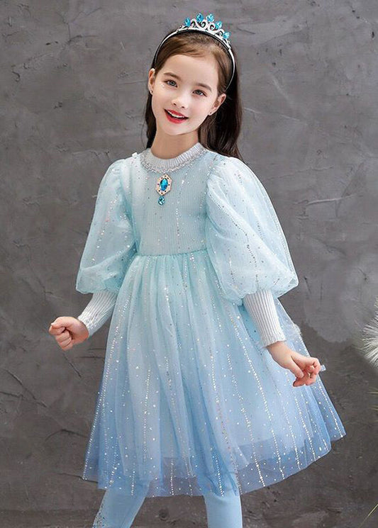 Stylish Blue O Neck Sequins Patchwork Tulle Baby Girls Princess Dress Fall Ada Fashion