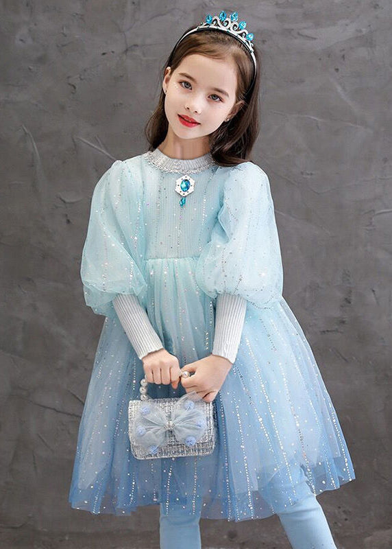 Stylish Blue O Neck Sequins Patchwork Tulle Baby Girls Princess Dress Fall Ada Fashion