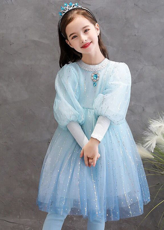 Stylish Blue O Neck Sequins Patchwork Tulle Baby Girls Princess Dress Fall Ada Fashion