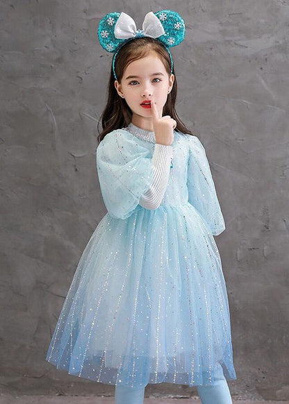 Stylish Blue O Neck Sequins Patchwork Tulle Baby Girls Princess Dress Fall Ada Fashion