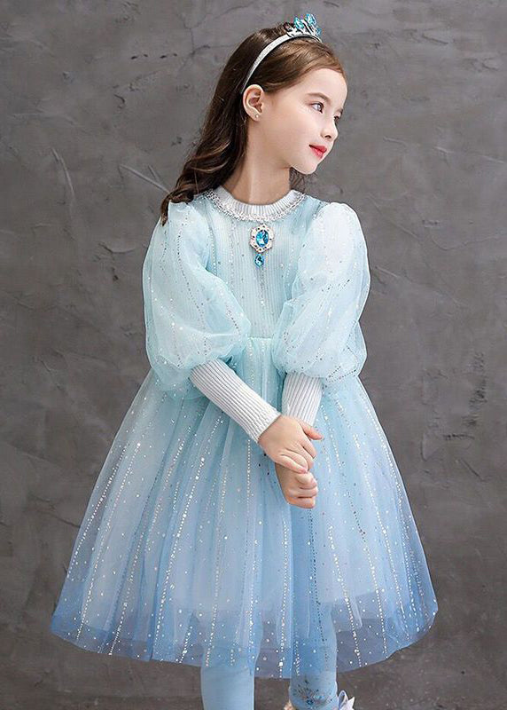 Stylish Blue O Neck Sequins Patchwork Tulle Baby Girls Princess Dress Fall Ada Fashion