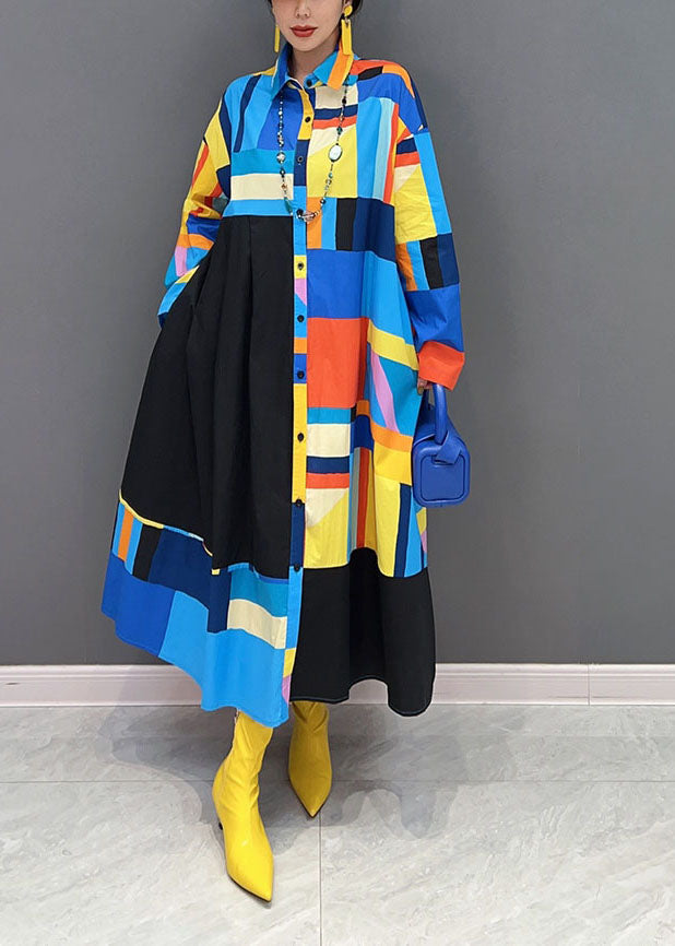 Stylish Blue Oversized Patchwork Exra Large Hem Cotton Shirt Dress Spring LY1661 - fabuloryshop