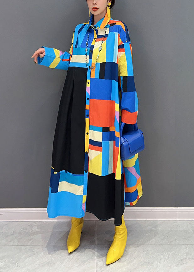 Stylish Blue Oversized Patchwork Exra Large Hem Cotton Shirt Dress Spring LY1661 - fabuloryshop