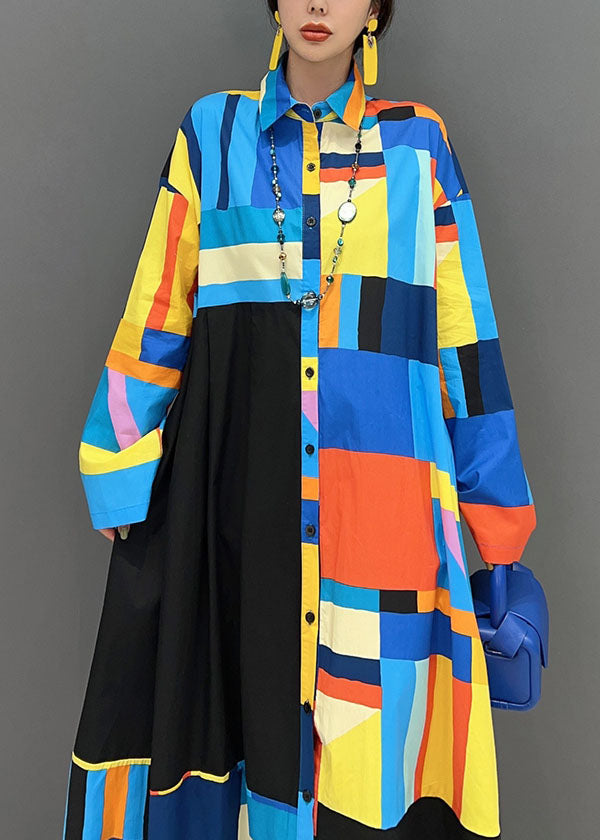 Stylish Blue Oversized Patchwork Exra Large Hem Cotton Shirt Dress Spring LY1661 - fabuloryshop