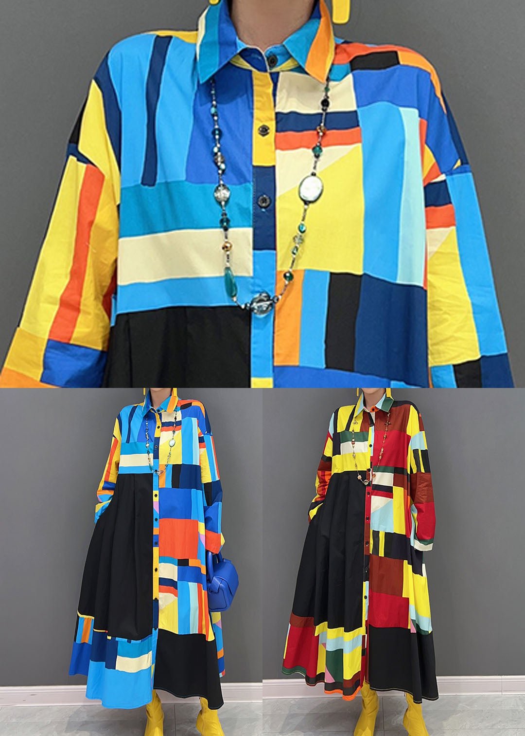 Stylish Blue Oversized Patchwork Exra Large Hem Cotton Shirt Dress Spring LY1661 - fabuloryshop