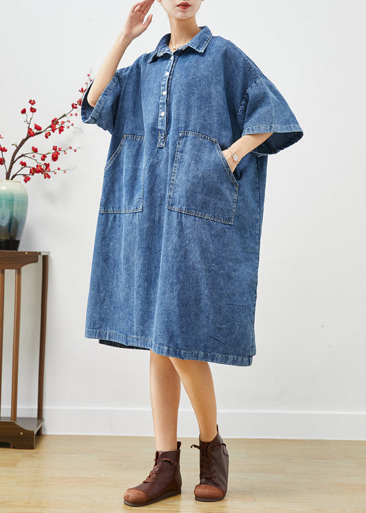 Stylish Blue Oversized Pockets Denim Holiday Dress Fall Ada Fashion