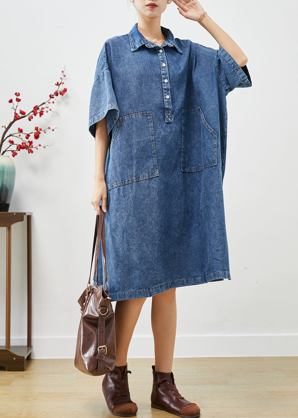 Stylish Blue Oversized Pockets Denim Holiday Dress Fall Ada Fashion