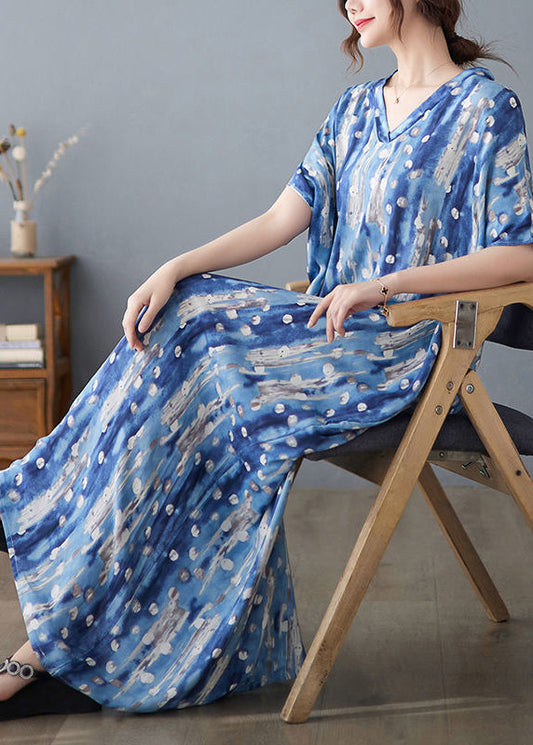 Stylish Blue Oversized Print Linen Holiday Dress Summer LY0890 - fabuloryshop