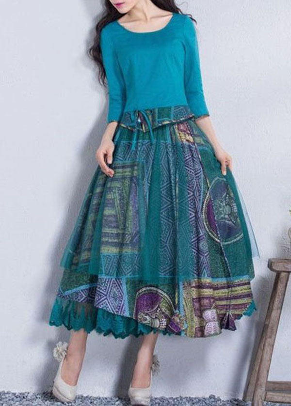 Stylish Blue Print Wrinkled Lace Patchwork Chiffon Skirt Summer LY4571 - fabuloryshop