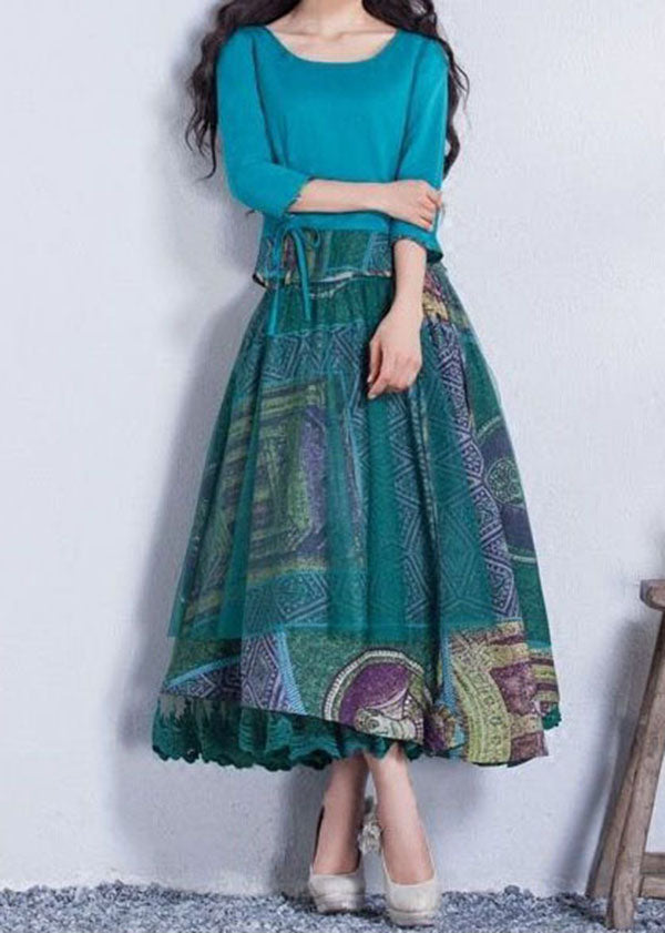 Stylish Blue Print Wrinkled Lace Patchwork Chiffon Skirt Summer LY4571 - fabuloryshop