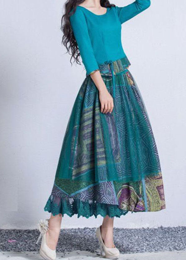 Stylish Blue Print Wrinkled Lace Patchwork Chiffon Skirt Summer LY4571 - fabuloryshop