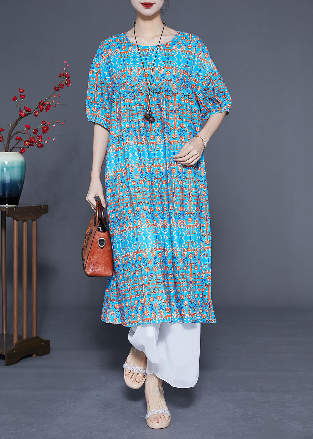 Stylish Blue Ruffled Print Silk Long Dresses Summer LC0378 - fabuloryshop