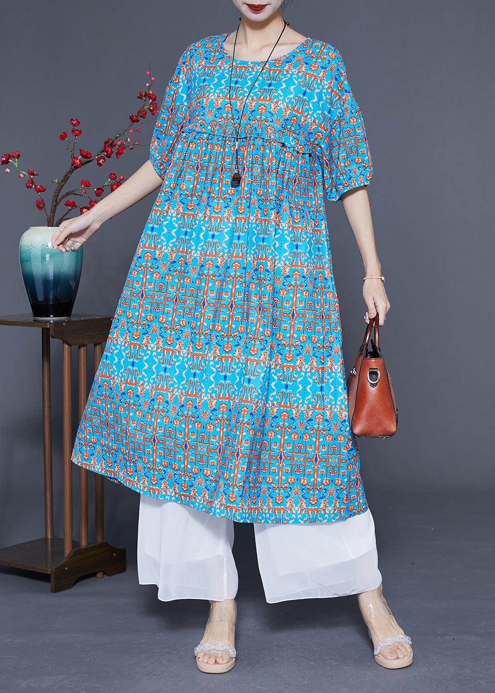 Stylish Blue Ruffled Print Silk Long Dresses Summer LC0378 - fabuloryshop