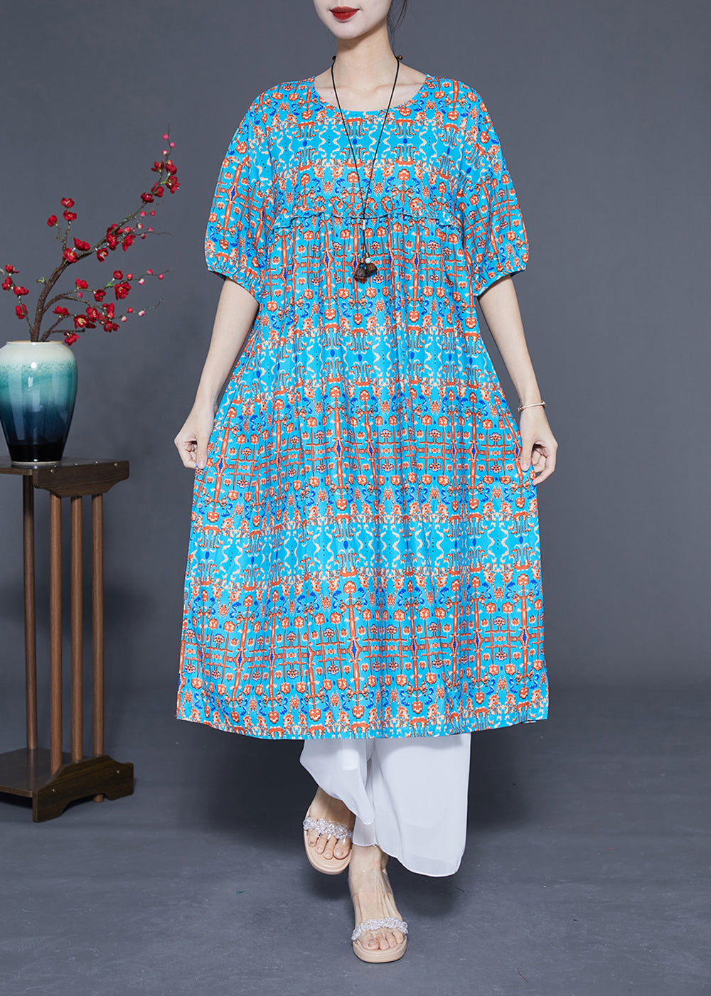 Stylish Blue Ruffled Print Silk Long Dresses Summer LC0378 - fabuloryshop